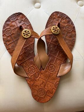 Tory Burch Tan Leather Logo Flip Flops with Gold Medallions